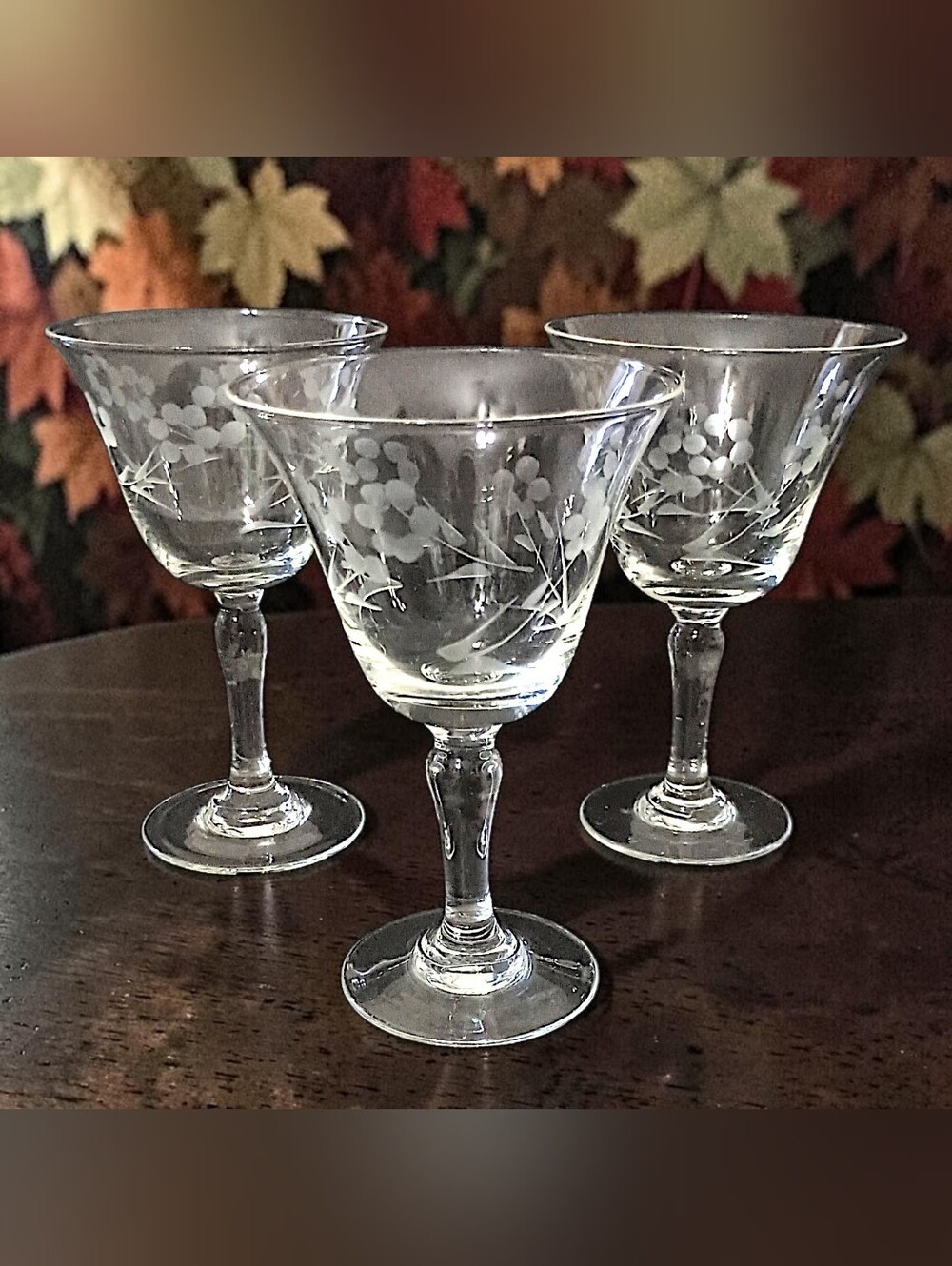 3 Vtg Floral Etched Cordial Sherry Glasses Coupe Liqueur Aperitif Stemware MCM